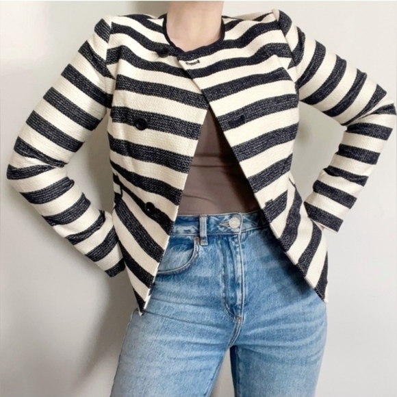The Limited Navy And Cream Stripe Jacket / Blazer Size Small Tweed Cotton - Picture 1 of 8
